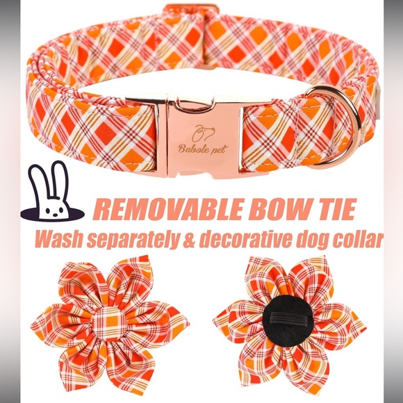 Babole Pet Fall Girl Dog Collar Flower Tie, Orange Striped Plaid Floral Collar - Picture 2 of 9